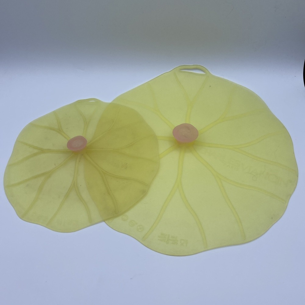Set of 2 Charles Viancin Silicone Airtight Lid Lily Pad Yellow Pink *Bonus Lid*